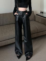 Women's Pants s Black Y2K Leather Women High Waist Elegant Casual Baggy Female Korean Fashion Straight Wide Leg Winter 230225