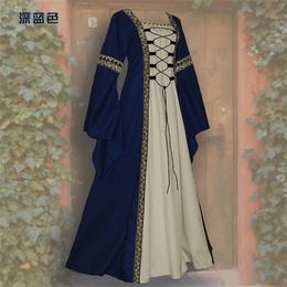 Strój etniczny Europa i Stany Zjednoczone Square Kołnierz Rak Ran Suty Goth Vintage Medieval Court Robe Duże rozmiar Blue Sukienka dla kobiet