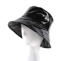 Wide Brim Hats Bucket Hat Waterproof Rain Caps Fashion Black Patent Leather Solid Color Retro Street Hip Hop Fishing Bonnet Beach Party G230224