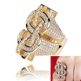 Mens Hip Hop Ring Jewellery Dollar Sign Gemstone Zircon Casting Big Gold Rings 18k Real Gold Plated