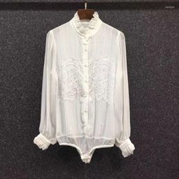 Women's Blouses High Quality Silk 2023 Spring Summer White Shirts Women Lace Patchwork Long Sleeve Elegant Blusas Feminino