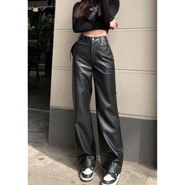 Womens Pants s Black Vintage Straight High Waisted Leather American Fashion Streetwear Trouser Casual Wide Leg 230225