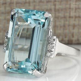 Wedding Rings Fashion Princess Engagement Jewellery 16.42CT Natural Aquamarine Gemstone 925 Silver Promise Ring Size 5 -11
