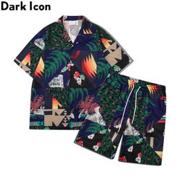 Men's Casual Shirts Dark 3D Printed Hawaiian Shirt and Shorts Summer Holiday Beach Men's Set Z0224
