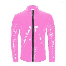 Men's T Shirts S-7XL Wetlook PVC Leather T-shirt Front-Zip Stand Collar Top Party Club Latex Jacket Long Sleeve Coat Nightclub Men