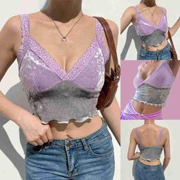 Women's Tanks Purple Aesthetic Velvet Crop Tops Women Lace Trim Cute Kawaii Clothes Contrast Stitched V Neck Vintage Tank Top