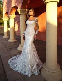 Modern Mermaid Wedding Dresses 3D Appliqued Lace Sheer Neck Long Sleeve Bridal Gowns Illusion Wedding Dress robe de313q