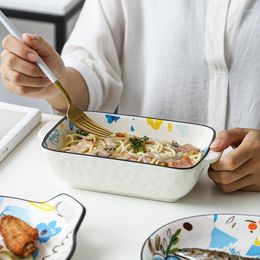 Bowls Double Handle Baking Bowl Style Ceramics Blue Scrawl Noodle Salad Soup Wedding Porcelain Tableware CZY-B5011