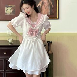 Party Dresses Japanese Kawaii Sweet JK Dress Women Fashion Girl Lolita Pink Bow Lace Sailor Neck Puff Sleeves Cute Summer Daily Casual