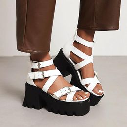 Sandals 2023 Summer Women Gladiator Thick Platform High Heels Comfortable Female Shoes Pu Leather Band Black