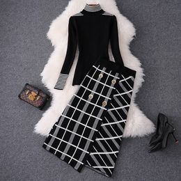 Two Piece Dress Elegant Women Autumn Winter Clothing Set Turtleneck Sweaters Tops And Cut Plaid Knitted Skirts Suit Office Ladies Sets NS294 230224