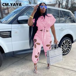 Women's Two Piece Pants CM.YAYA Workout Women Two 2Piece Set Outfit Sweatsuit Tie Hem T-shirt and Jogger Pants Matching Set Street Basic Tracksuit 230225