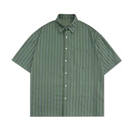Men's Casual Shirts Dark Striped Oversized Men's Shirt Summer Casual Shirts for Men Bige Green Z0224