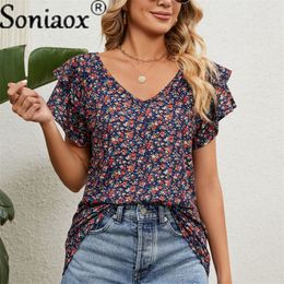 Women's T-Shirt 2023 Summer Double Ruffle Sleeve Female Elegant Flower Print Cotton Tees Casual Loose V Neck Tops Streetwear 230224