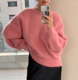 Women's Sweaters JSXDHK Korean Women Pink Round Collar Mohair Knitted Fashion Autumn Winter Mink Cashmere Thick Warm Soft Loose Pullover