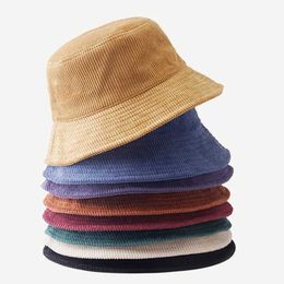 Wide Brim Hats New Corduroy Bucket Hats Women Casual Fisherman Hat Men Autumn Winter Warm Basin Hat Plain Shade Cap Panama Solid 9 Colors G230224
