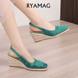 Sandals RYAMAG High Heels Women Shoes Wedge High Platform Espadrilles Quare Head Casual Women Sandals Fashion Shoes Weaving Sole Natural Z0224