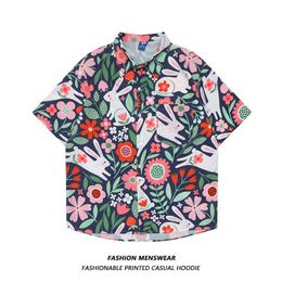 Men's Casual Shirts Oversize Rabbit Flower Print 2022 Summer New Joker Loose Couple Casual Shirts for Male Female dents Z0224