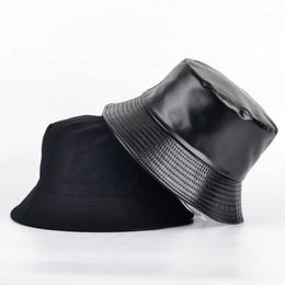 Wide Brim Hats Autumn Winter Pu Leather Cotton Bucket Hat Men Women Fashion Solid Two Side Fisherman Hat Outdoor Casual Panama Girls Basin Cap G230224