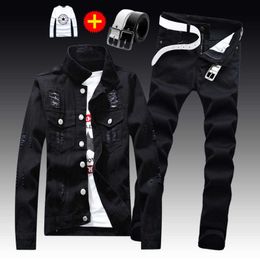 Men's Tracksuits 2 new men's denim jacket pants single chest hole casual coat Trousers cool boy jacket free T-shirt Z0224