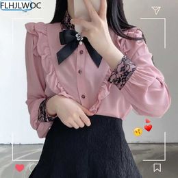 Women's Blouses Shirts Women's Ruffles Cute Bow Tie Tops Preppy Style Vintage Japanese Korea Design Button Elegant Formal White Pink Shirts Blouses 230225