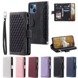 Luxury Zipper Wallet Leather Cases for iPhone 8 XR XS 11 12 13 mini 14 Pro Max Samsung S21 S22 plus S23 Ultra A33 A53 A12 A32 A52 5G Grid Card Slot Magnetic Flip Stand Cover