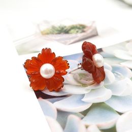 Stud Earrings Lii Ji Classic Natural Stone Agate Flowers With Freshwater Pearl 925 Sterling Silver Size About 20mm Drop