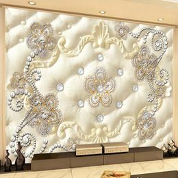 Wallpapers European Style Mural Wallpaper 3D Stereo Soft Roll Pearl Jewelry Flower Fresco Living Room Luxury Decor Self-Adhesive Sticker