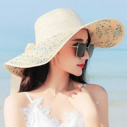 Sun Hats Caps BP Women Summer Big Straw Bow at Sun Wide Brim Floppy Panama Cap Outdoor Foldable Uv Protect Travel Femme Beach ats Woman Man