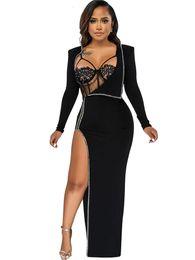 Two Piece Dress Sexy Mesh Two Piece Set Women Clubwear Party Bodysuit Tops And Long Slit Dress See Through Night Club Outfits Sets 230224