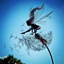 Decorative Objects Figurines Flower Fairy Dancing with Dandelion Sculpture Garden Metal Crafts Home Decoration 230224
