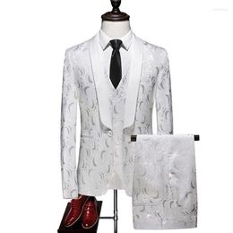 Men's Suits DV044 White Floral Casual Stage Dress Vintage Men Suit Fashion Plaid Slim Groomsmen Fit Tuxedo 3 Peices Sets Jacket Vest Pants