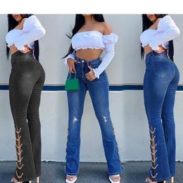 Women's Jeans Vintage Streetwear Side Metal Chains Skinny High Waist Wide Leg Women Korean Slit Hollow Out Dark Blue Flare Denim PantsWomen'