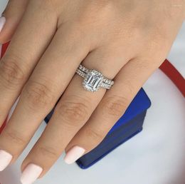 Cluster Rings Luxury 925 Sterling Silver Ring Square Emerald Cut 3 Diamond Wedding Set For Women Solid Jewellery Gift