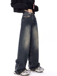 Women's Jeans Y2k Chic Women Dark Blue Jeans Straight Loose BF High Waist Casual Jean Female Denim Wide Leg Pants Autumn Winter Trousers 230225