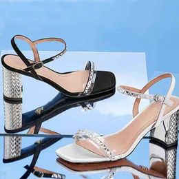 Designer sandals square head rhinestone with French medium heel thick heel shoes triangle label sandals imported from Italy cowhide soled women sandals