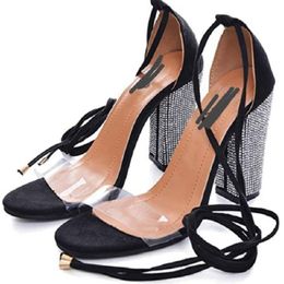 Sandals Women Heeled Bandage Rhinestone Ankle Strap Pumps Super High Heels Square Lady Shoes Big Size 43Sandals