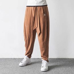 Men's Pants Harajuku Kimono Japanese Come Mens Wide Leg Pants Casual Bandage Loose Linen Trouser Men Harlan Haori Samurai Asian Comes Z0225