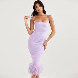 Feather Tassel Spaghetti Strap Backless Long Dress Women Summer New Sleeveless Backless Bodycon Club Party Dress