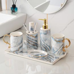 Bath Accessory Set Golden Blue Marble Ceramics Design Bathroom Accessories Soap Dispenser Toothbrush Holder Box Home Decoration ZB378