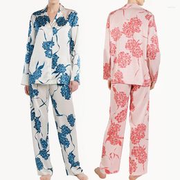 Women's Sleepwear Hydrangea Pamas for Women Long Sleeve Pants Ladies Suit Smooth Satin Home Wear Two Piece Set Summer Sexy