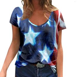 Women's T Shirts Summer Short Sleeve Womens Hand Painted American Flag Shirt V Neck Tee Pullover Ladies White Button Down