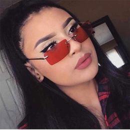 Sunglasses Tiny Rectangle Dark Red Small Square Frame Sun Glasses Vintage Rimless Shades For Women Tinted Colour Sunnies UV400Sunglasses