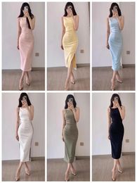 Casual Dresses Women Slim Fit Patchwork Flat Shoulders Pleated Sleeveless Side Slit Midi Dress