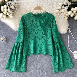 Women's Blouses Spring Autumn Women Long Sleeve Back Zipper Short Top High Quality Retro Flowers Crochet Hollow Out Lace Shirt