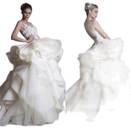 Designer A-Line Wedding Dresses Sheer Neck 3D Floral Appliqued Tiered Ruffles Bridal Gowns Sweep Train Bridal Gown Custom Made Plu215s