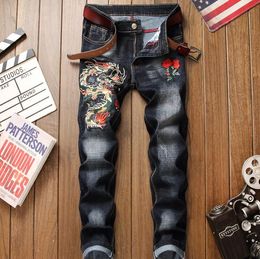 Men's Jeans Flower Dragon Tiger Embroidery Patch Ripped Casual Slim Straight Distressed Denim Pants For Man