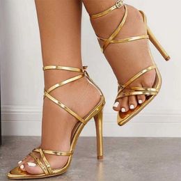 Sandals 2022Summer High Heel Sandals Crosstied Ankle Strap Shoes Stiletto Hollow Solid Gold Black Sexy Party Zapatillas Mujer Elegantes Z0224