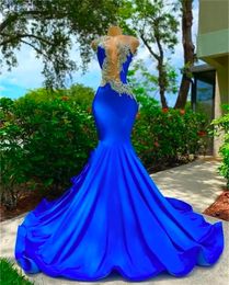Evening Dresses Prom Party Gown Plus Size Custom Sweep Train Girls Pageant Mermaid O-Neck Sleeveless Satin Royal Blue Crystal Beaded Formal