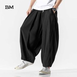 Men's Pants Summer Linen Pants Wide Legs Male Chinese Style Wide Leg Pants Fashion Plus Size Bloomers 5XL Casual Nine Point Pants Men Z0225